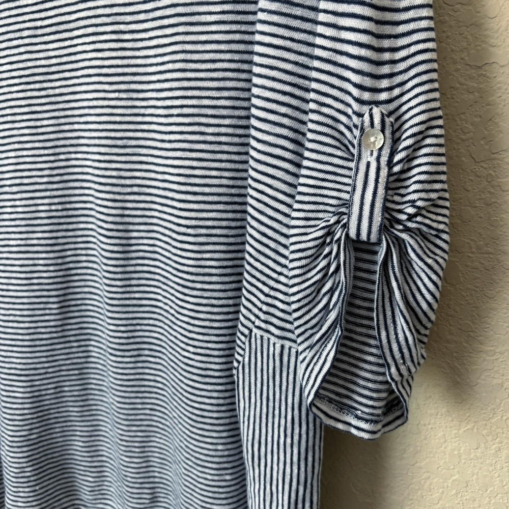 Adrienne Vittadini 2X Linen Three-quarter Sleeve Roll Tab Stripe Top Beachy - Picture 10 of 12